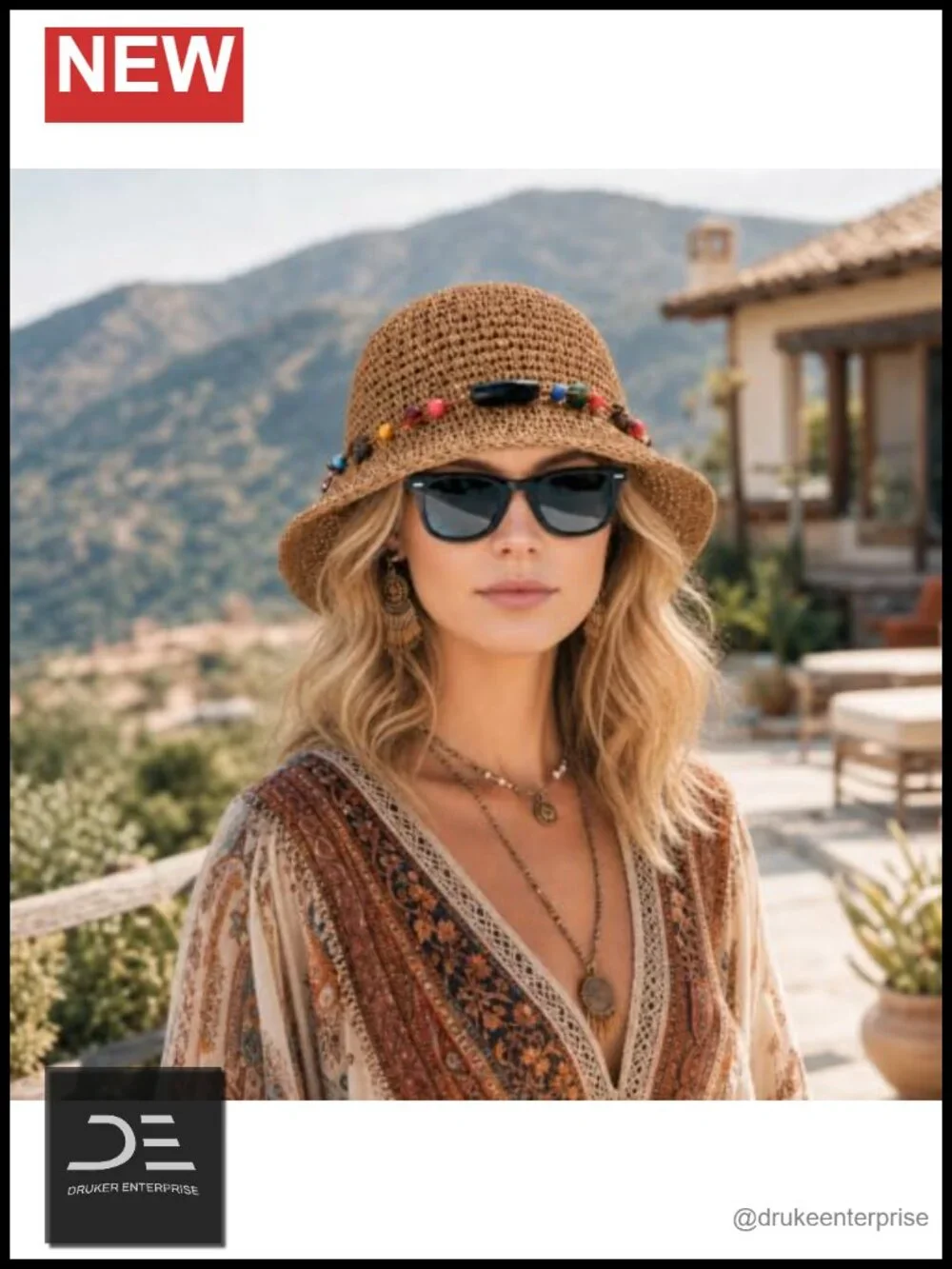 Handmade Straw Wide Brim Sun Hat with Decorative Chain, Packable